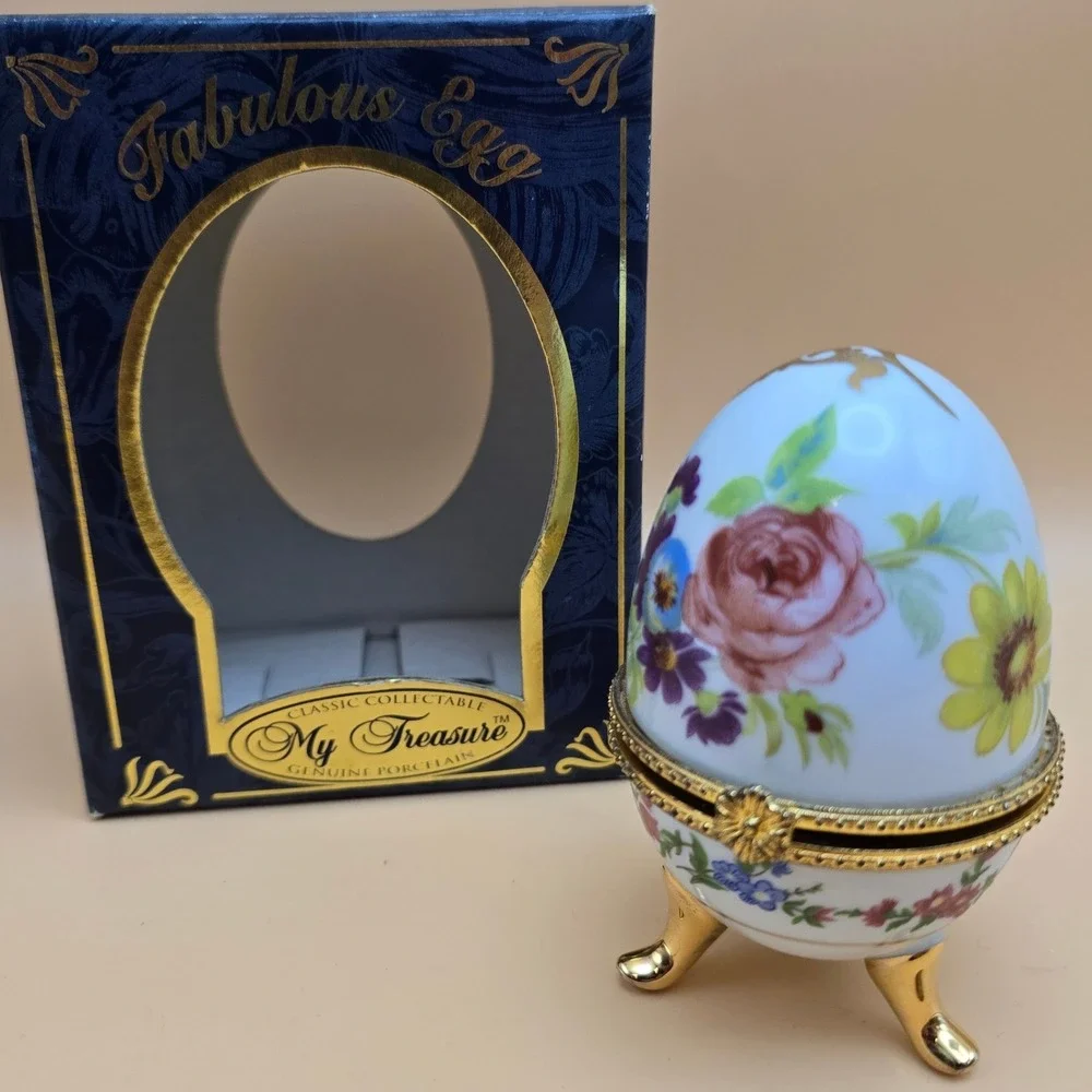 My Treasure Fabulous Egg Hand Painted Porcelain Floral Trinket Box Gold Feet